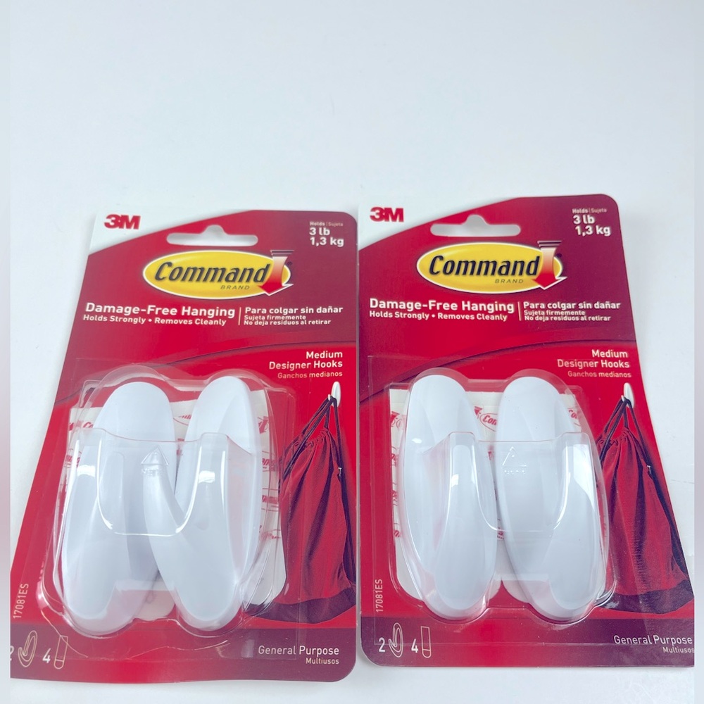 3M Command Brand 2 packs of 2 Medium Designer Hooks with 4 strips Holds 3lbs